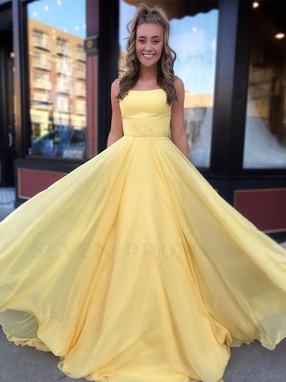 Yellow Long Chiffon A Line Prom Dress 2020 with Lace Up Back INS51