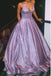 A-Line Spaghetti Straps Long Prom Dress Glitter Lilac Evening Dress INQ89