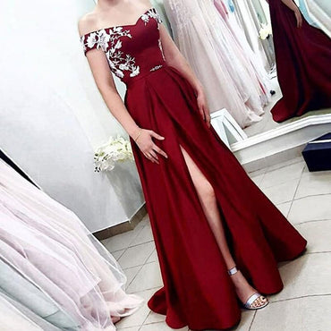A Line Off the Shoulder Short Sleeves Burgundy Satin Prom Dress With Split INQ64