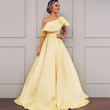 A Line One Shoulder Satin Yellow Simple Prom Dress With Ruched INK71