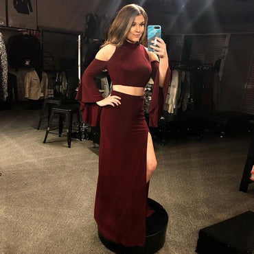 Two Piece Mermaid Cold Shoulder Long Sleeves Burgundy Prom Dress With Split INQ54