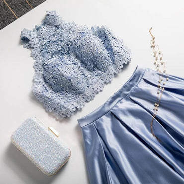 Two Piece A Line Jewel Light Sky Blue Floor Length Prom Dress With Lace Top INQ55
