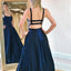 A Line Spaghetti Straps Sweep Train Dark Navy Prom Dress with Pockets INQ56