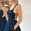 A Line Spaghetti Straps Sweep Train Dark Navy Prom Dress with Pockets INQ56