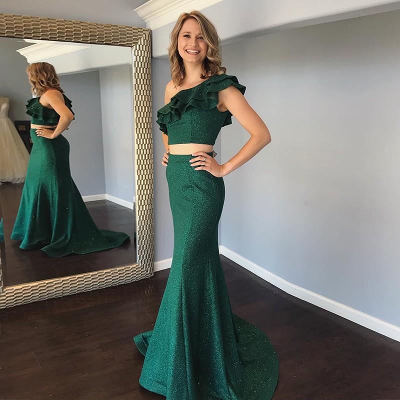 Cheap Two Pieces Mermaid One Shoulde Green Prom Dress With Ruffles INK69