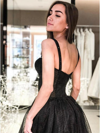 A-Line Spaghetti Straps Long Prom Dresses Sleeveless Black Evening Dress INS78