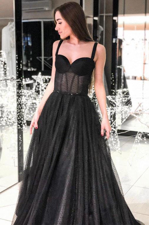 A-Line Spaghetti Straps Long Prom Dresses Sleeveless Black Evening Dress INS78