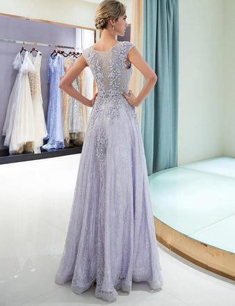 Elegant A Line Scoop Sleeveless Lavender Long Lace Prom Dress with Appliques INF16