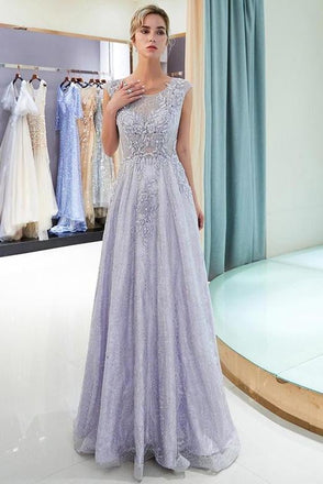 Elegant A Line Scoop Sleeveless Lavender Long Lace Prom Dress with Appliques INF16