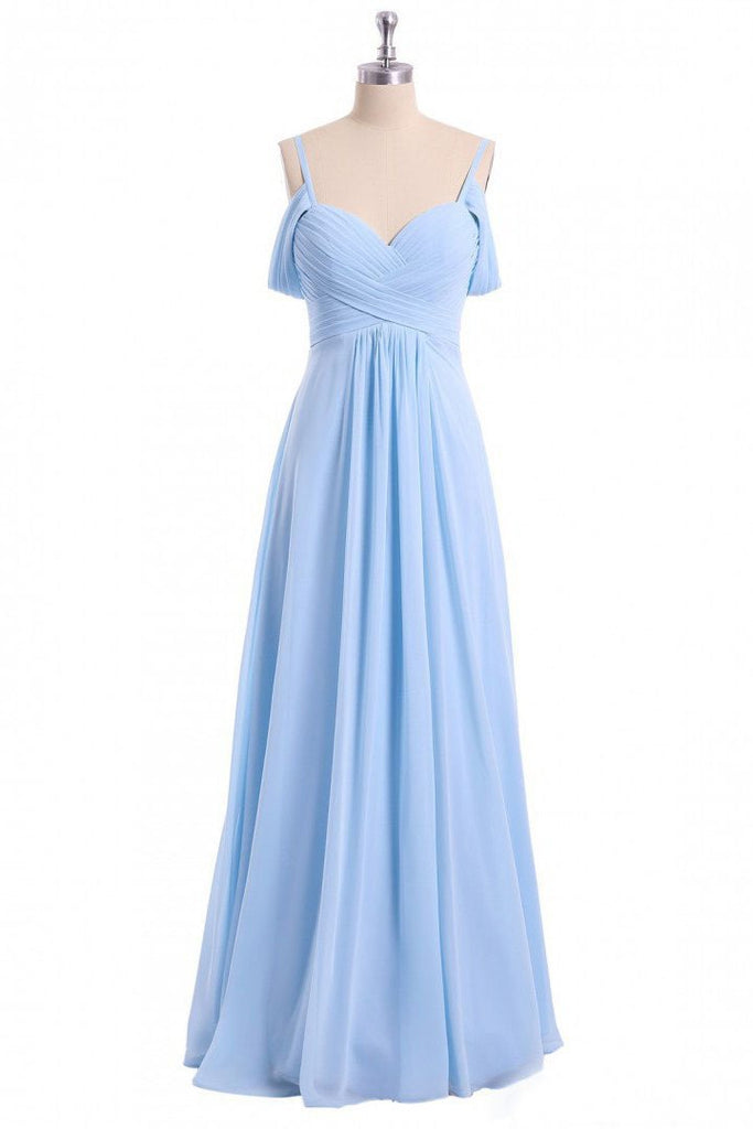A-line Sky Blue Long Bridesmaid Dress, Off Shoulder Chiffon Long Prom Dress INO81