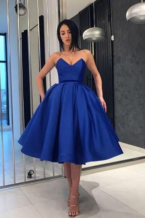 Ball Gown V Neck Royal Blue Strapless Prom Dresses with Pockets, Elegant Homecoming Dresses INM64