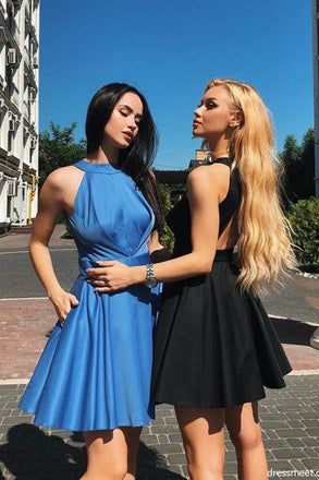 Cute A Line Open Back Satin Blue Short Homecoming Dresses with Pockets IND48