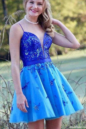 Cute A Line Spaghetti Straps Royal Blue Short Homecoming Dresses with Beading IND43