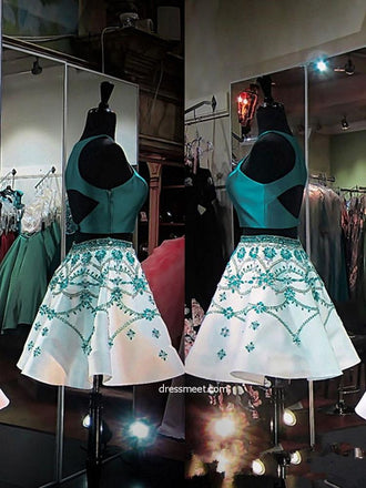 Cute A Line Two Piece Turquoise Short Homecoming Dresses with Beading IND41