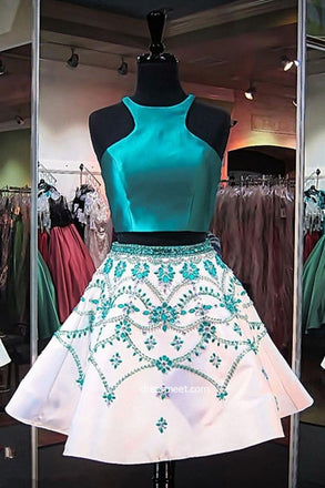 Cute A Line Two Piece Turquoise Short Homecoming Dresses with Beading IND41