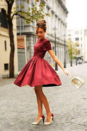 Cute A Line Short Sleeves Burgudny Homecoming Dresses, Elegant Evening Dresses INM59