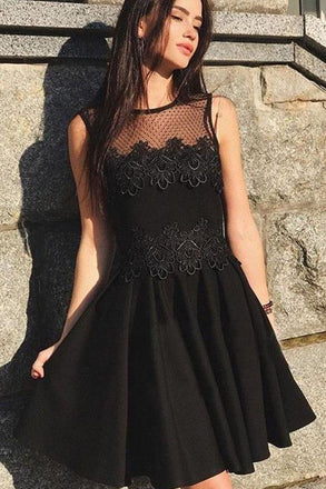 Cute A Line Round Neck Black Lace Short Homecoming Dresses, Little Black Dresses INM58