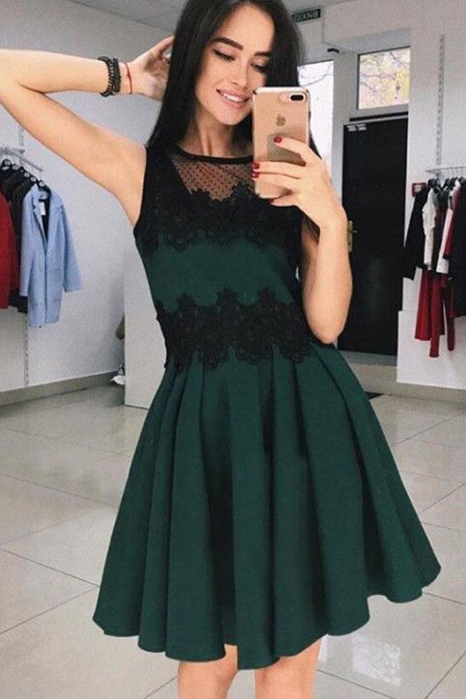 Cute A Line Round Neck Black Lace Short Homecoming Dresses, Little Black Dresses INM58