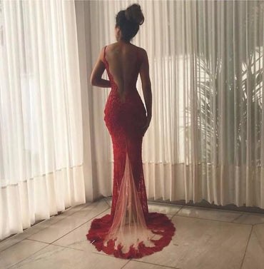 Sexy Backless Burgundy Lace High Slit Deep V Neck Mermaid Long Prom Dresses INA6