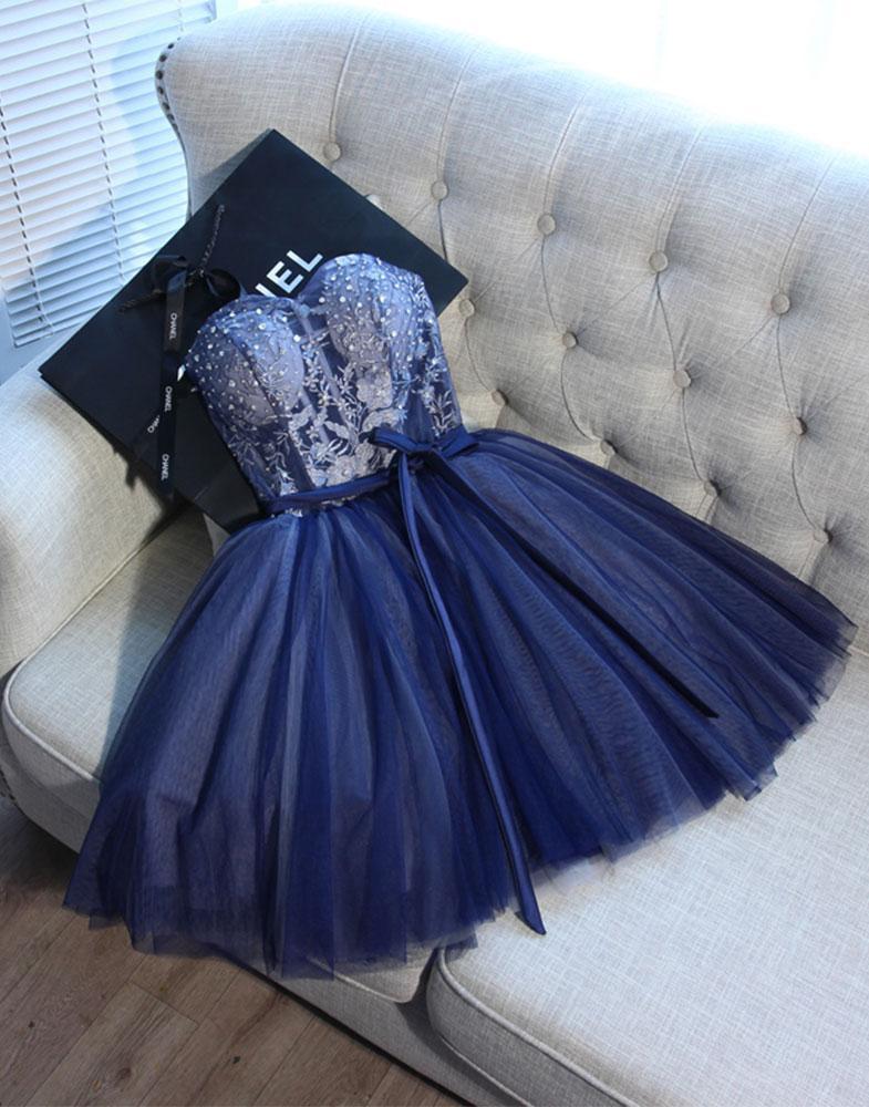 Cute Navy Blue Sweetheart Tulle Beaded Appliques Short Homecoming Dress IND45