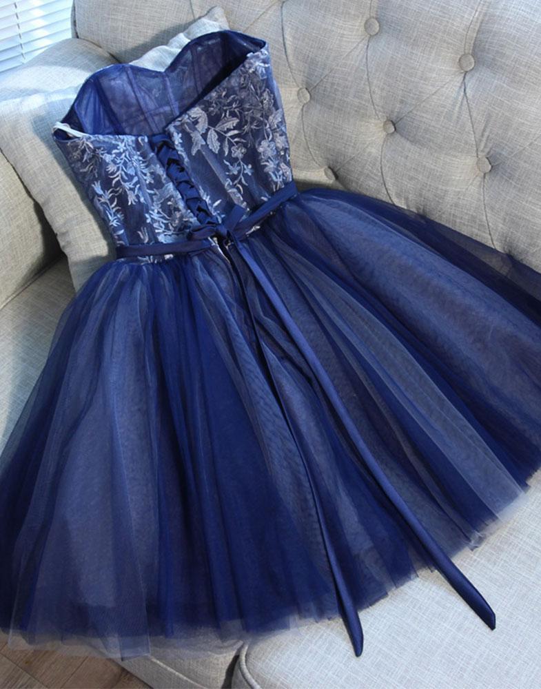 Cute Navy Blue Sweetheart Tulle Beaded Appliques Short Homecoming Dress IND45