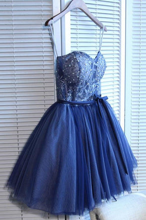 Cute Navy Blue Sweetheart Tulle Beaded Appliques Short Homecoming Dress IND45