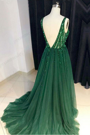 Sexy V-nevk V-back Green Tulle Evening Dresses,Cheap Long A Line Prom Dresses INI54