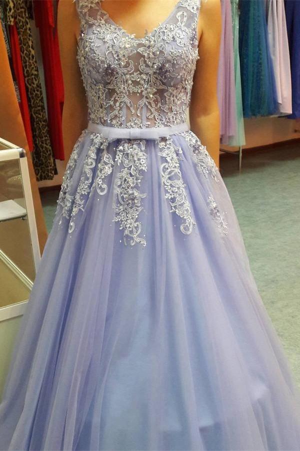 Lavender Lace Up Backless V-neck Lace Beading Tulle Prom Dresses K718