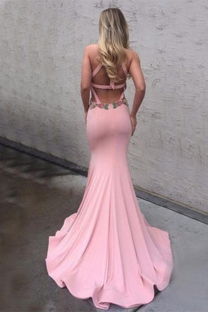 Sexy Mermaid Backless Pink Long Charming Cheap Modest Prom Dresses K759