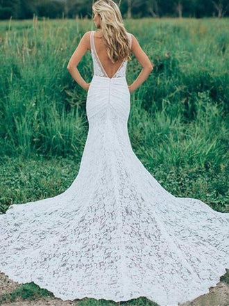 Mermaid V Neck Backless White Lace Long Wedding Dresses,Beach Boho Wedding Dresses INF76
