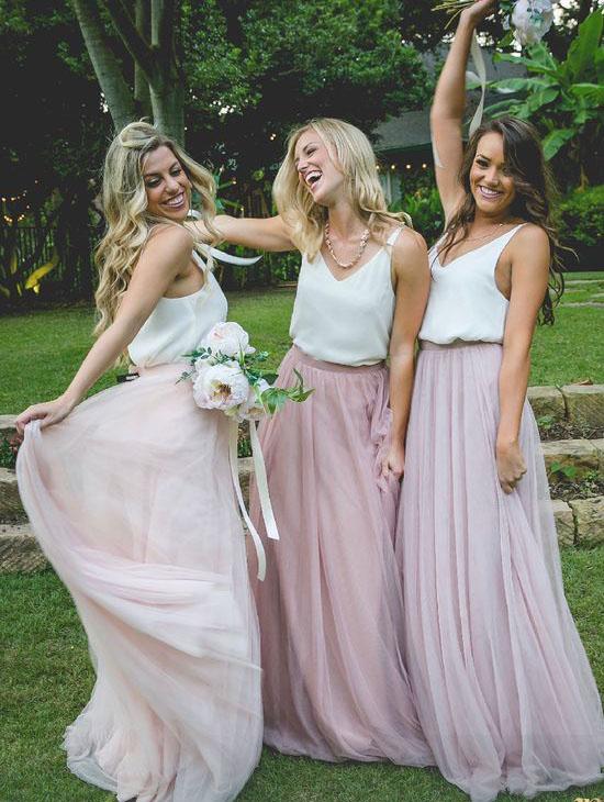 Gorgeous Two Piece Pink Tulle Long Bridesmaid Dress with White Top INM95