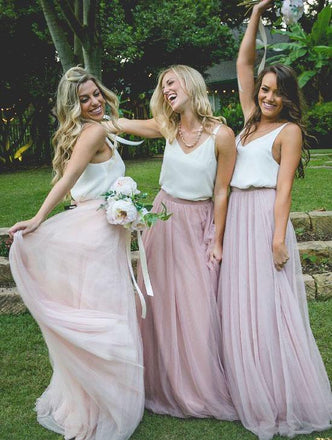 Gorgeous Two Piece Pink Tulle Long Bridesmaid Dress with White Top INM95