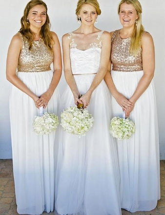 Sequins Top Off White Long Chiffon Bridesmaid Dress INM94