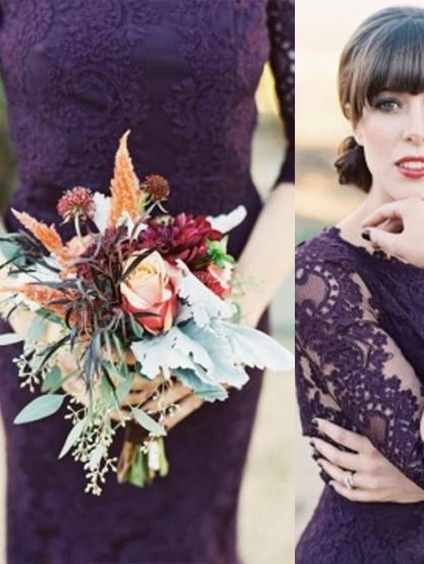 Gorgeous Half Sleeves Mermaid Long Purple Lace Open Back Bridesmaid Dress IN504