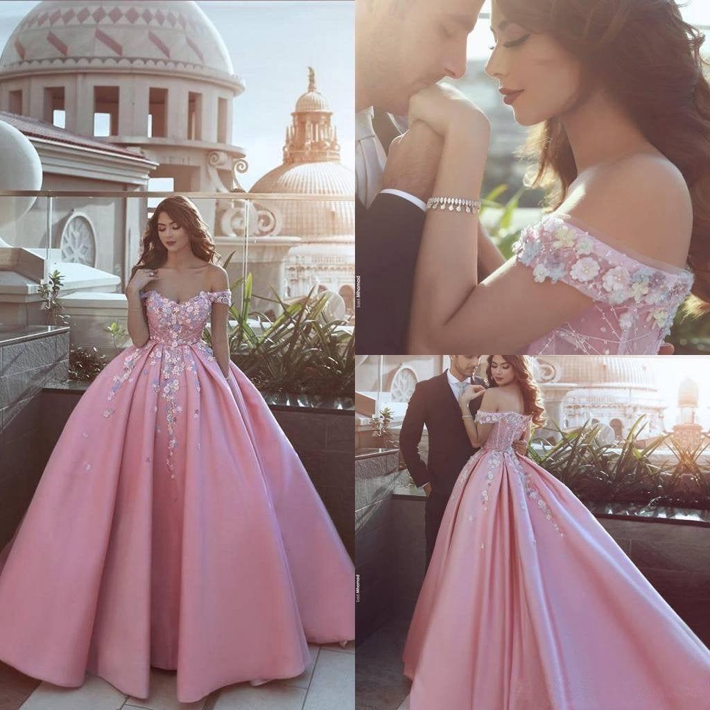 Pink Off the Shoulder Ball Gown Lace Appliques Satin Prom Dress IN903