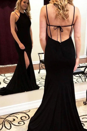 Charming Mermaid Halter Cross Back Split Black Long Prom Dresses INF10