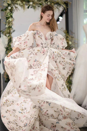 Stylish Long Sleeves Printed Long Prom Dress with High Slit, Long Formal Evening Dress IN1995