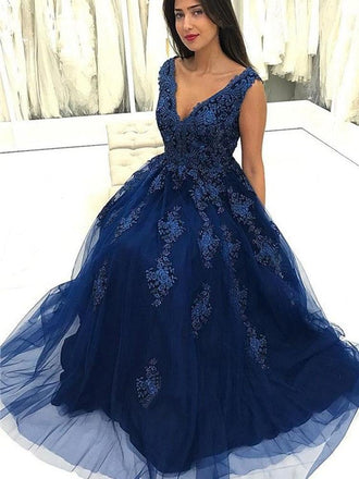 Charming V Neck Navy Blue Lace Appliques Long Prom Dresses, Elegant Evening Dresses ING7