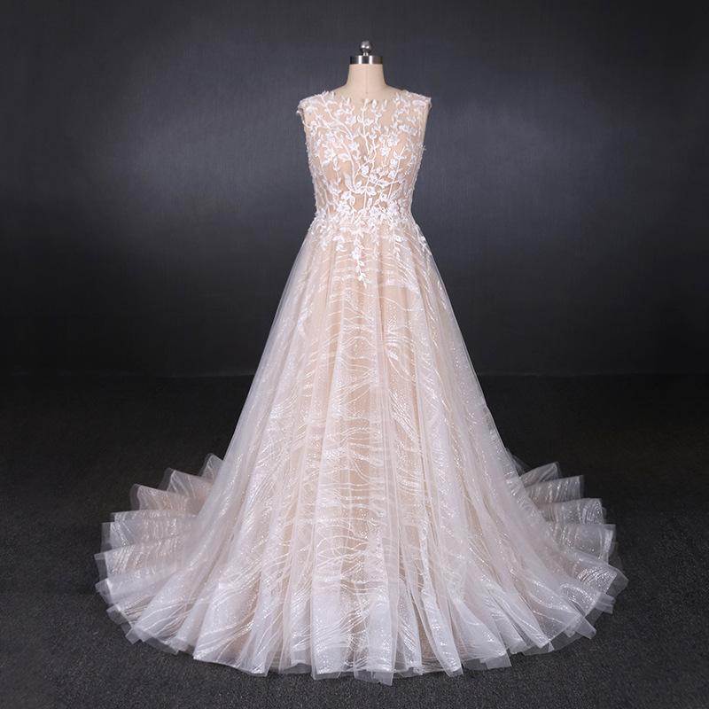 A Line Lace Sleeveless Elegant Wedding Dress, Backless Long Bridal Dresses INQ27