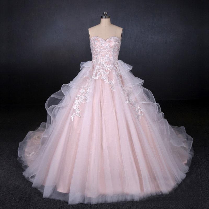 Romantic Pearl Pink Ball Gown Wedding Dress, Sweetheart Appliques Bridal Gown INQ24