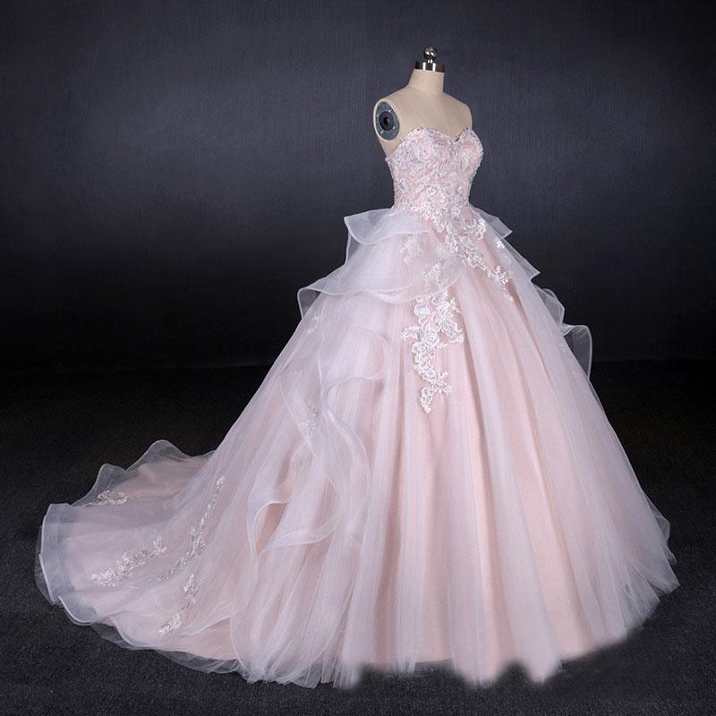 Romantic Pearl Pink Ball Gown Wedding Dress, Sweetheart Appliques Bridal Gown INQ24