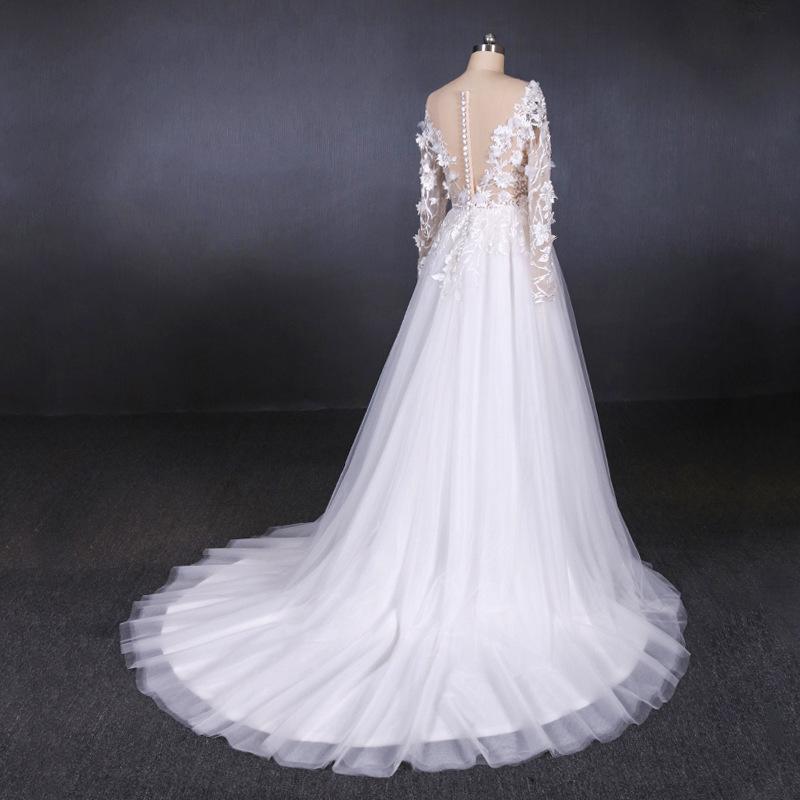 A Line Tulle Lace Appliques Long Sleeves Wedding Dress, Cheap Bridal Dresses INQ28
