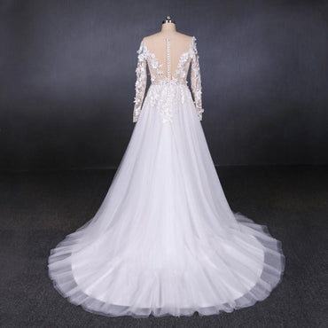 A Line Tulle Lace Appliques Long Sleeves Wedding Dress, Cheap Bridal Dresses INQ28