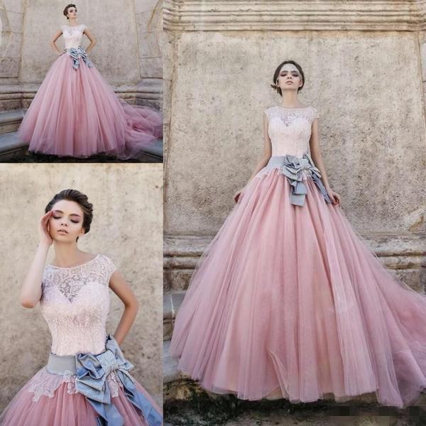 Princess Cap Sleeves Ball Gown Bateau Lace Bow-knot Pink Tulle Wedding Dresses IN563