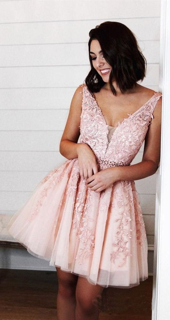 Blue Appliques Beaded Sleeveless A Line Tulle Short Homecoming Dresses INO78