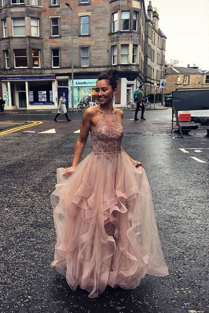 Pink Tulle Lace Appliques Long Prom Dresses A Line Evening Gown INS67