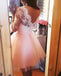Pink Long Sleeves Lace Tulle Short Backless Homecoming Dress,Graduation Dresses IN334