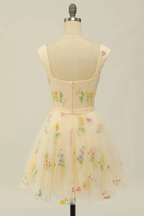 Floral Print Sweetheart A-Line Tulle Short Party Dress Homecoming Dresses IN1849