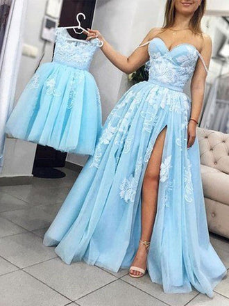 Charming Sweetheart Split Blue Lace Appliques Long Prom Dresses,Pretty Evening Dresses ING18