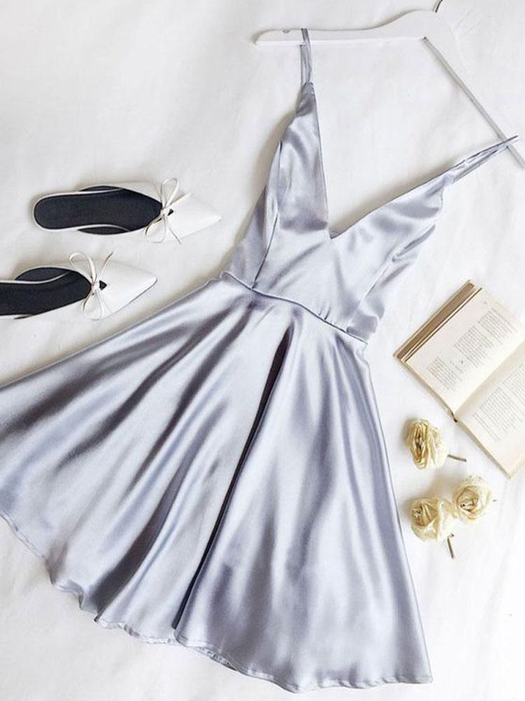 Cute A Line V Neck Satin Short Homecoming Dresses with Pockets INM70